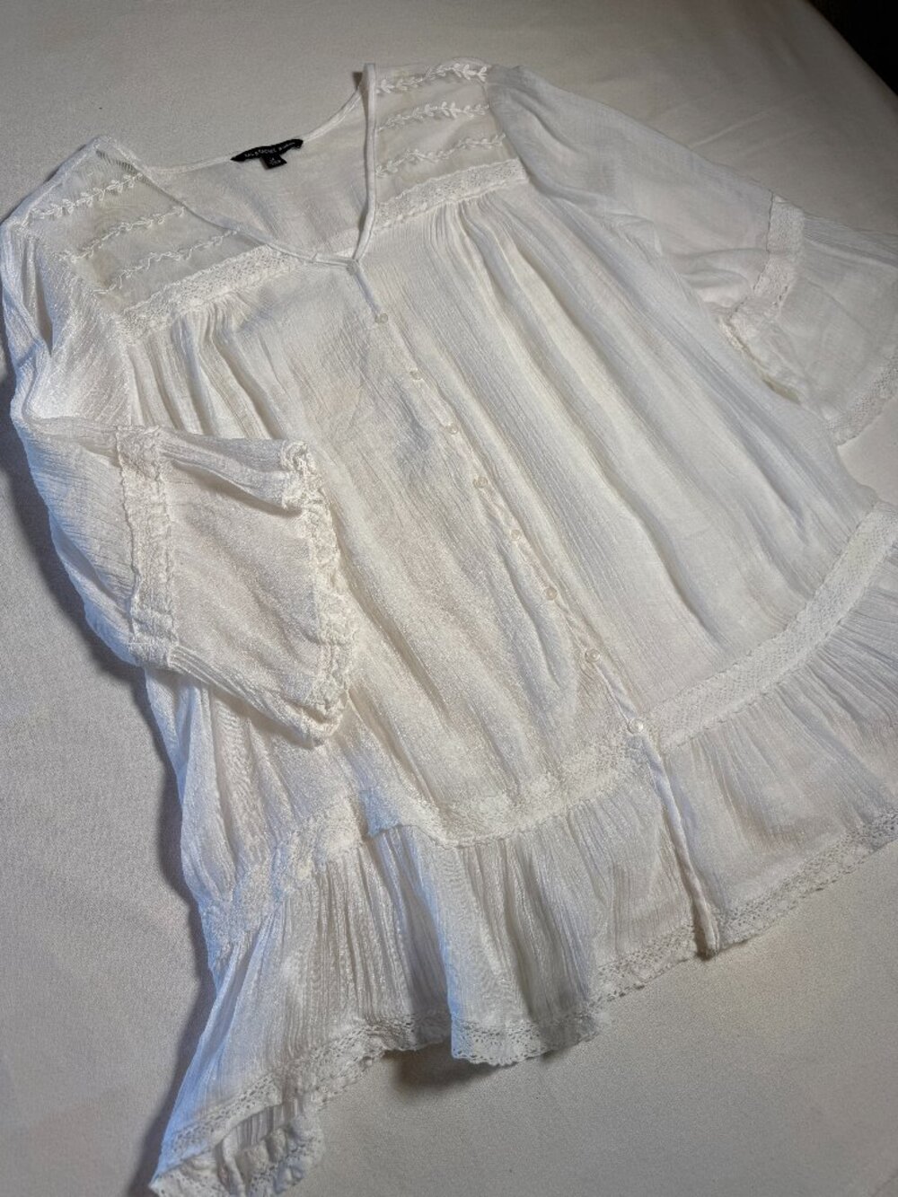 Zac & Rachel White Lace Button Front Boho Cottagecore Tunic Blouse Semi-Sheer 2X